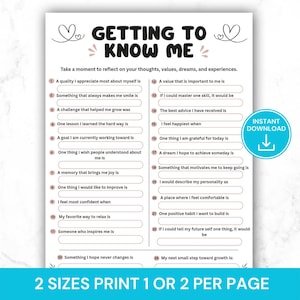 Könnte beinhalten: Ein weißes, druckbares Arbeitsblatt mit der Überschrift GETTING TO KNOW ME, schwarzem Text und Herz-Illustrationen. Es enthält vierundzwanzig nummerierte Fragen mit Leerzeilen zum Ausfüllen sowie ein blaues Abzeichen mit INSTANT DOWNLOAD.