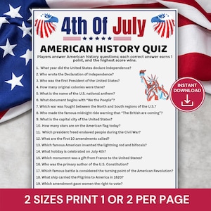 Amerikansk historia-quiz, 4 juli-trivia, utskrivbart patriotiskt historia-quiz, självständighetsdagen-festspel, familjeaktivitet för USA