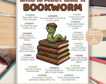 Who Is Most Like a Bookworm Game, Book Club Party Game, Bookish Game, Reading Lover Quiz, Book Club Activity, Fun Literary Icebreaker Game