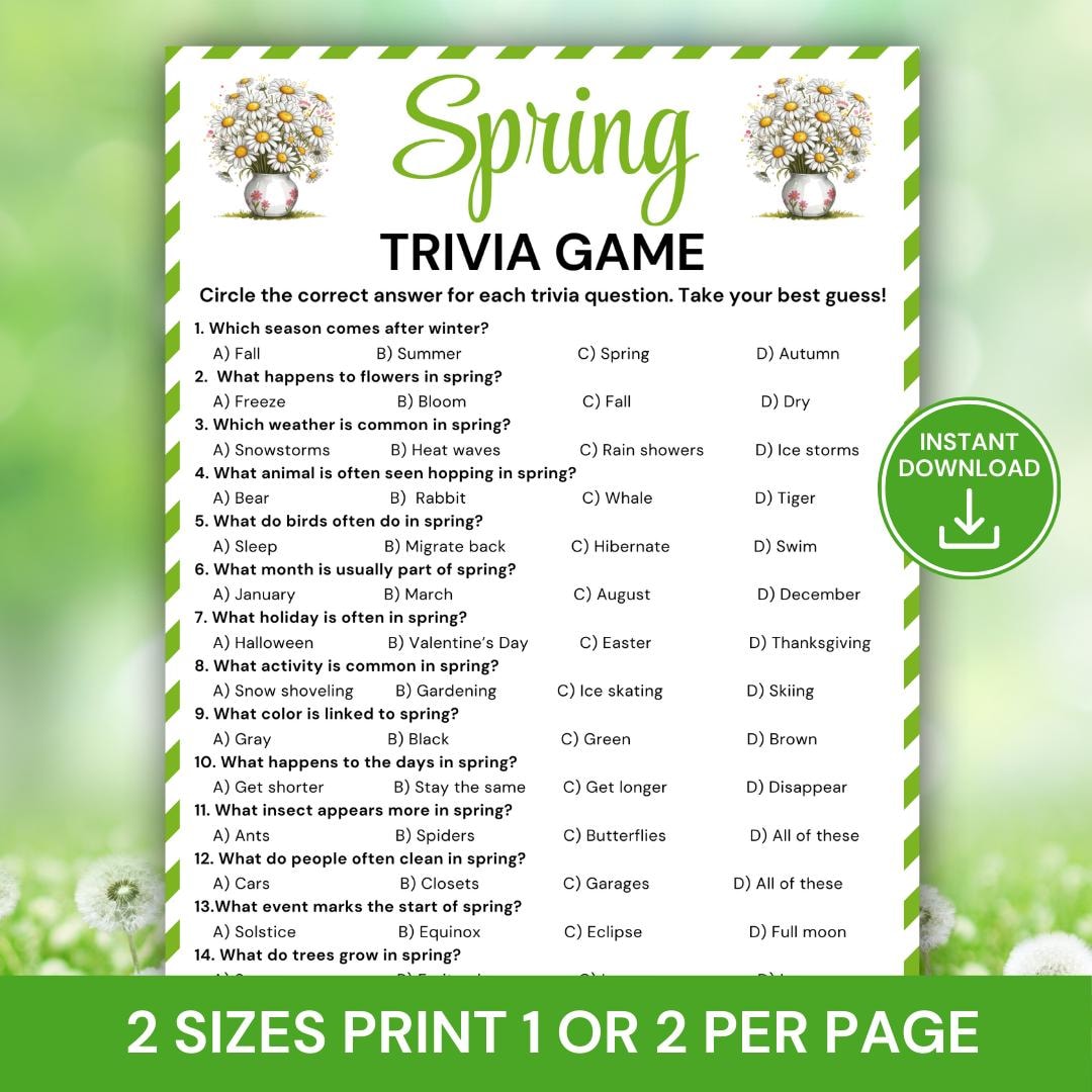 Spring Trivia Game, Printable Spring Trivia Quiz for Kids & Adults, Fun ...