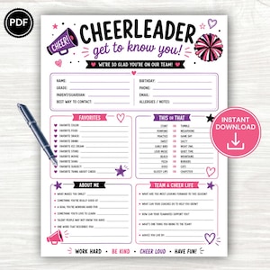 May include: A white printable questionnaire sheet titled Cheerleader Get To Know You with black and pink text, featuring sections for personal details, favorites, this or that choices, and team life questions, decorated with megaphone and pompom icons.