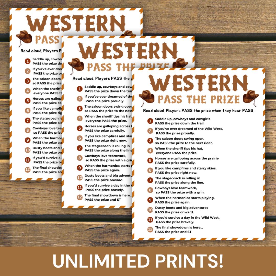 Cowboy Pass the Prize Game, Printable Cowboy Birthday Party Game for ...