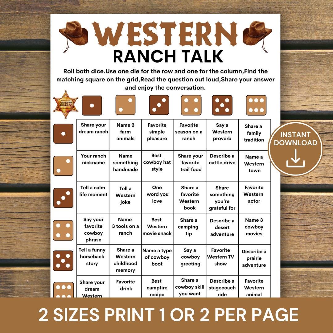 Printable Rustic Game Rules Western Ranch Talk Game, Cowboy Conversation Dice Game, Western Family ...