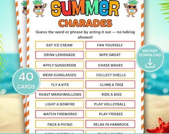 Könnte beinhalten: Sommer-Charaden-Spielkarten mit Strand-Thema. Die Karten zeigen Sätze wie "Eis essen" und "Drachen steigen lassen". Das Design beinhaltet eine Ananas-Figur mit Sonnenbrille und den Text "Sofort-Download".