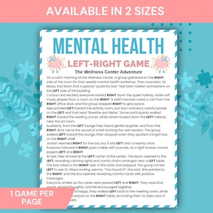 May include: A Mental Health Left-Right Game, available in two sizes. The game features a colorful design with the text "Mental Health Left-Right Game" and a story about a wellness center adventure. Includes the text "1 Game Per Page".