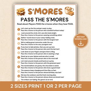 May include: A printable game sheet titled S'MORES PASS THE S'MORES with watercolor illustrations of s'mores and a mug of cocoa. The text includes instructions and twelve numbered rhyming prompts for a group activity, plus an instant download badge.