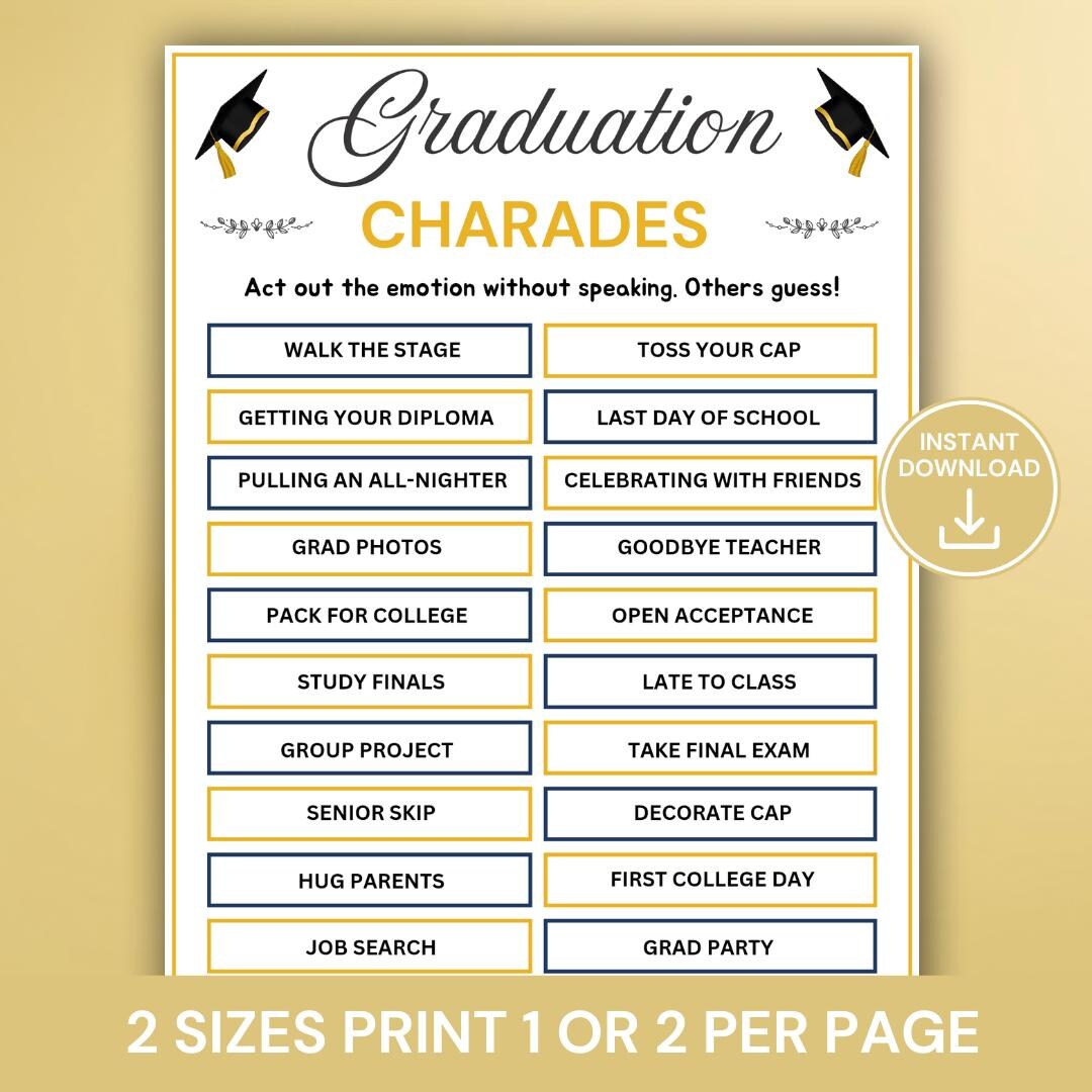 Graduation Charades Game Printable, Grad Party Game, Senior Celebration ...