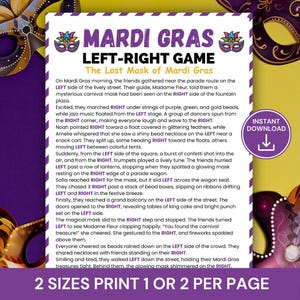 May include: A printable Mardi Gras Left-Right Game with a purple and gold mask design. The text includes instructions for the game, with the words "Left" and "Right" highlighted throughout the text. Includes an instant download button.
