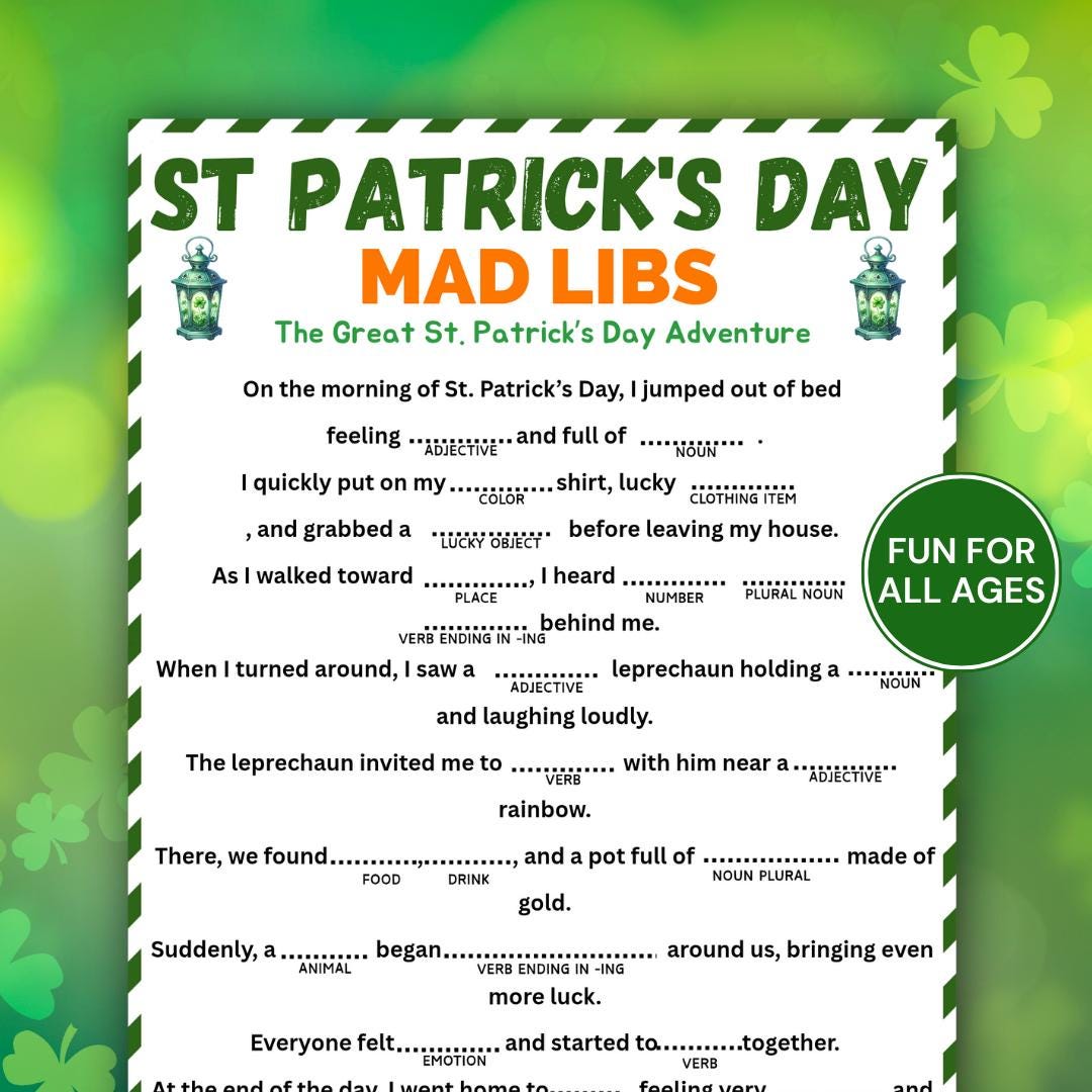 St. Patrick’s Day Mad Libs Game, Printable Irish Story Activity, Fun St ...