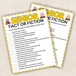 May include: Two game cards with the text "SENIOR FACT OR FICTION" in yellow and black. The cards feature a list of statements to determine if they are fact or fiction. The cards have a yellow and black striped border and illustrations of elderly people.