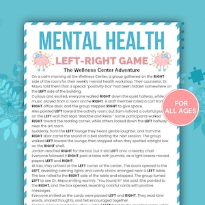 May include: A Mental Health Left-Right Game poster with text and illustrations. The title is in large, teal letters, with the subtitle "The Wellness Center Adventure." A pink circle with "For All Ages" is on the right.