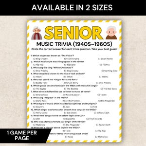May include: A trivia game sheet titled "Senior Music Trivia (1940s-1960s)" with multiple-choice questions about music from the 1940s and 1960s. The sheet is yellow with a decorative border and features illustrations of elderly people.