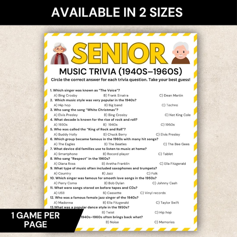 May include: A trivia game sheet titled "Senior Music Trivia (1940s-1960s)" with multiple-choice questions about music from the 1940s and 1960s. The sheet is yellow with a decorative border and features illustrations of elderly people.