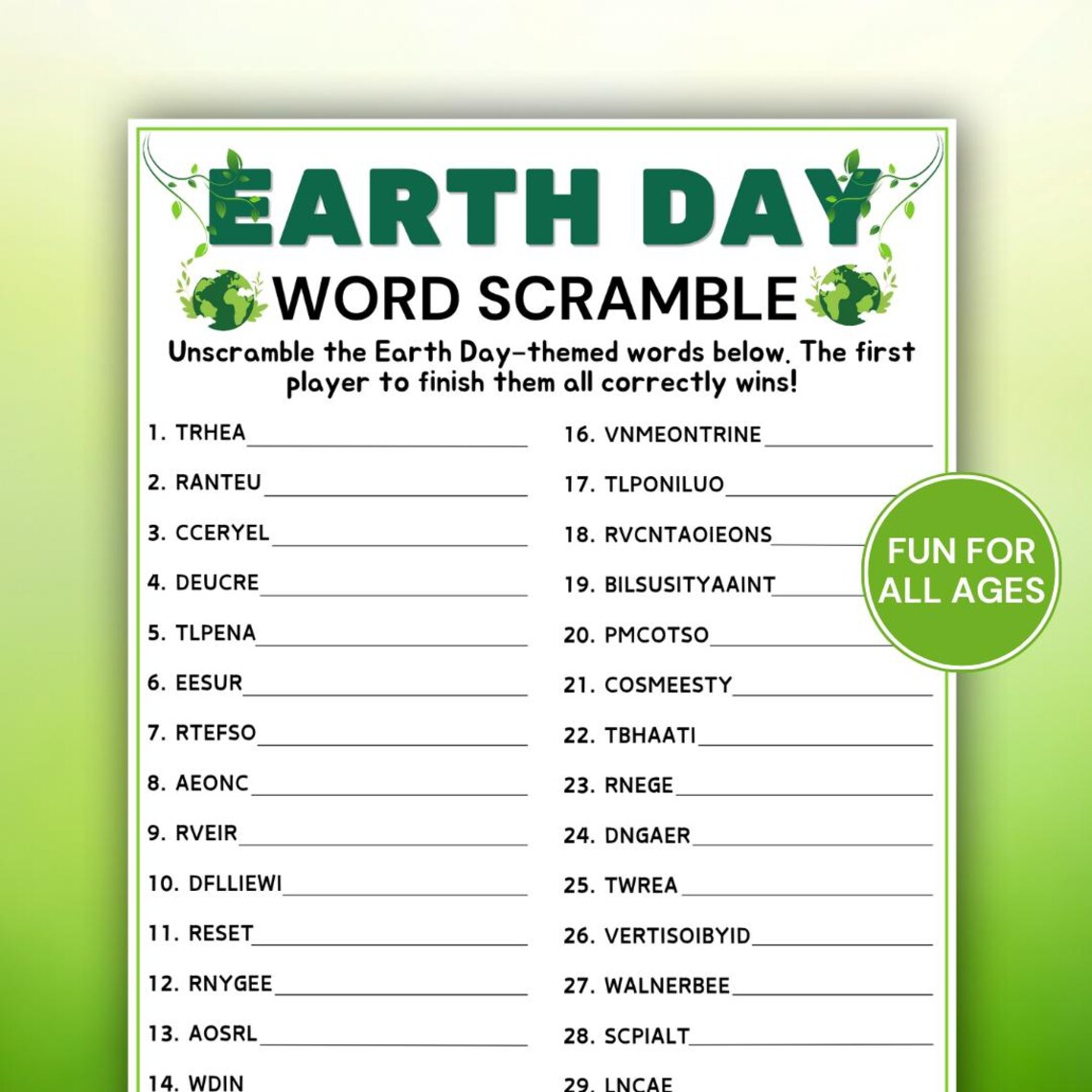 Earth Day Word Scramble Game, Earth Day Activity for Kids Adults ...