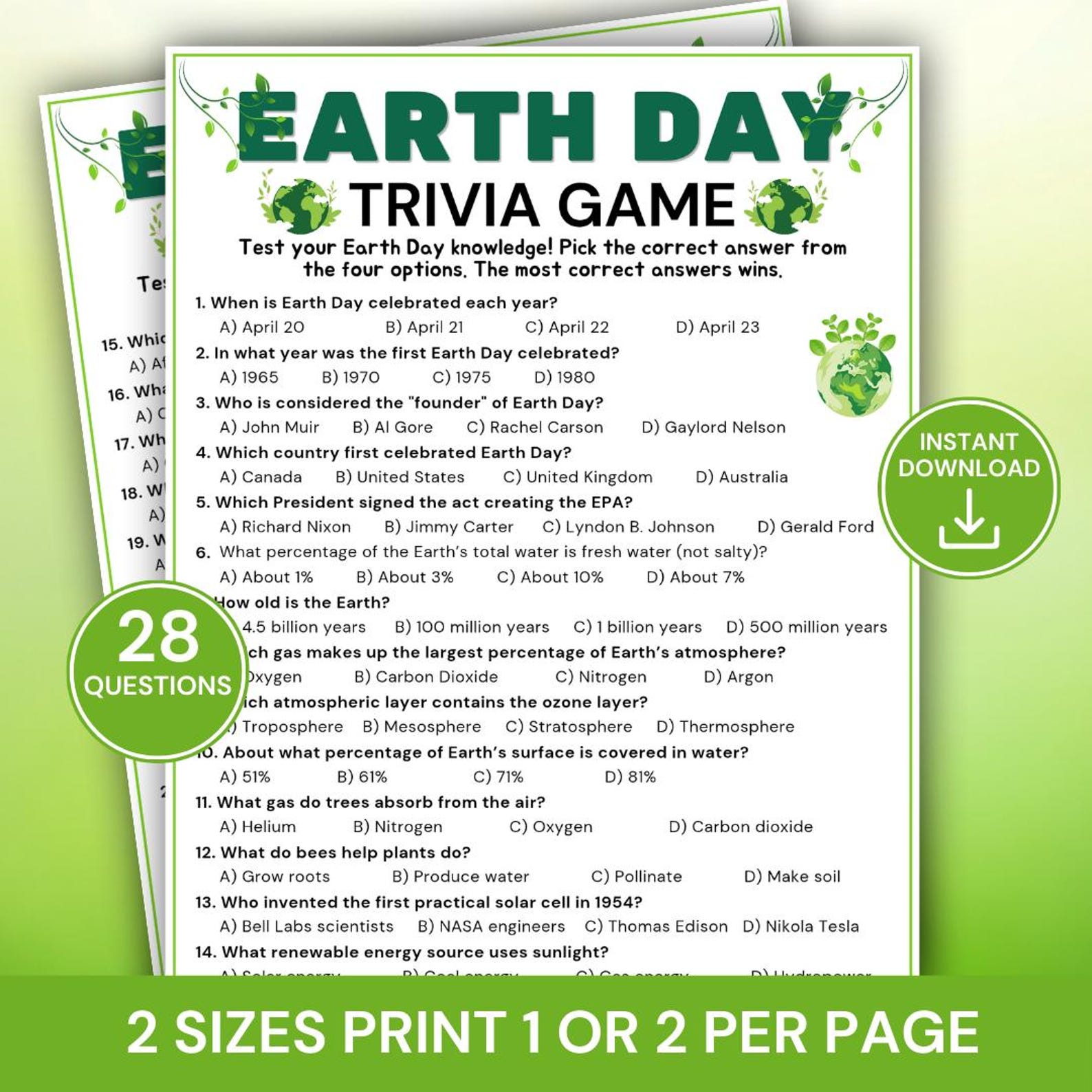 Earth Day Trivia Game Printable, Earth Day Quiz Game, Environmental ...