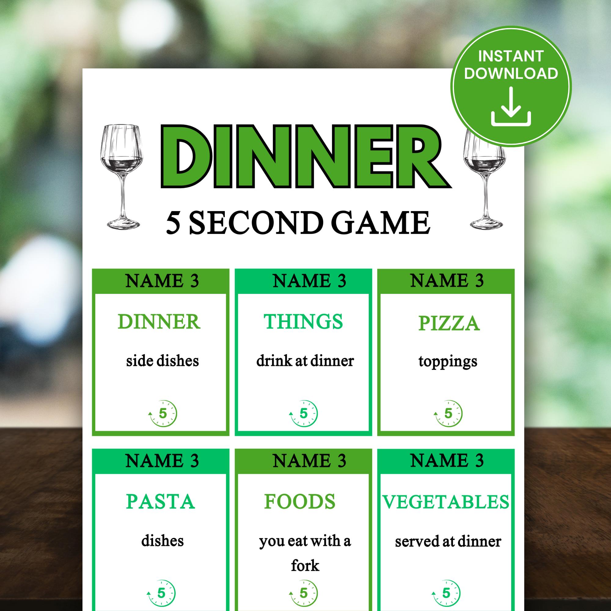 Dinner 5 Second Game Printable, Fun Dinner Party Think Fast Game for ...