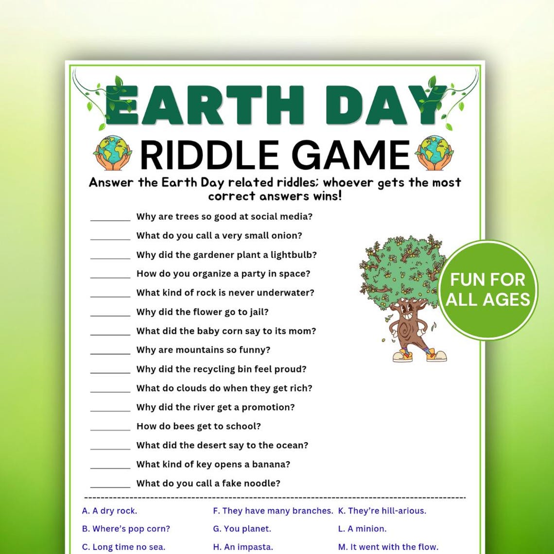 Earth Day Math Riddles Earth Day Riddle Game, Funny Earth Day Riddles for Kids Adults ...