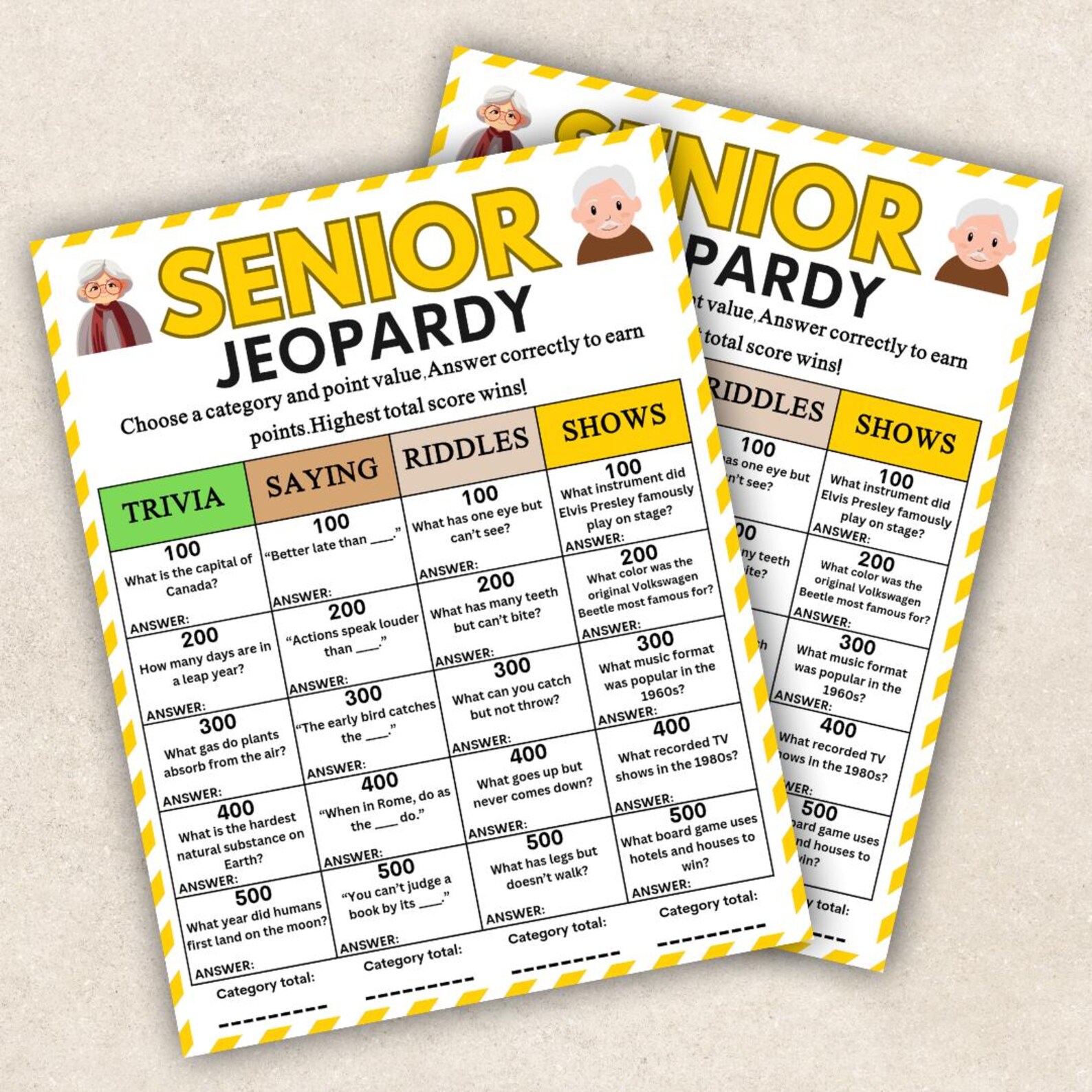 Senior Riddle Printabl Senior Jeopardy Game Printable, Fun Trivia Game for Seniors Group ...