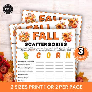 May include: A printable PDF game sheet titled FALL SCATTERGORIES with orange text and autumn graphics including sunflowers and pumpkins. The game features a grid for words starting with the letters C, O, R, N, and includes a 3 GAMES badge.