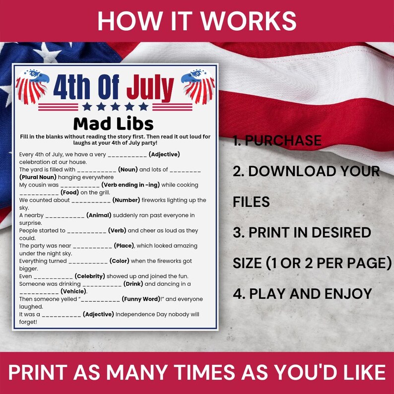 4th of July Mad Libs Game Printable, Fourth of July Party Game ...
