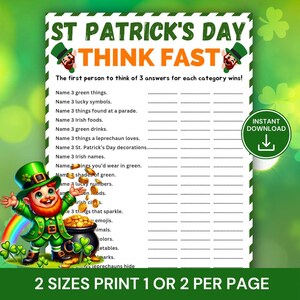 Könnte beinhalten: Ein druckbares Spiel zum Thema St. Patrick's Day mit dem Text "ST PATRICK'S DAY THINK FAST". Das Spiel enthält Kategorien, um drei Antworten aufzulisten, mit einer Kobold-Illustration und einem Goldtopf.