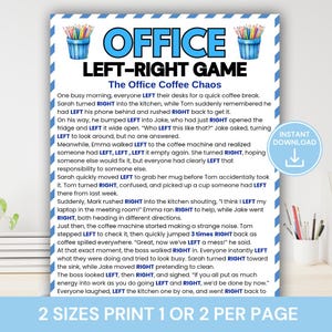 Könnte beinhalten: Ein druckbares Spielposter mit dem Titel "Office Left-Right Game". Das Design ist blau und weiß, mit Text, der ein chaotisches Büroszenario beschreibt. Enthält einen Sofort-Download-Bereich und Optionen zum Drucken.
