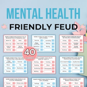 Może przedstawiać: Zestaw 40 kart do gry Mental Health Friendly Feud na jasnoniebieskim tle. Każda karta zawiera pytanie w formie ankiety z wieloma opcjami odpowiedzi i odpowiadającymi im wynikami liczbowymi, wydrukowanymi czarnym tekstem na białych kartach.