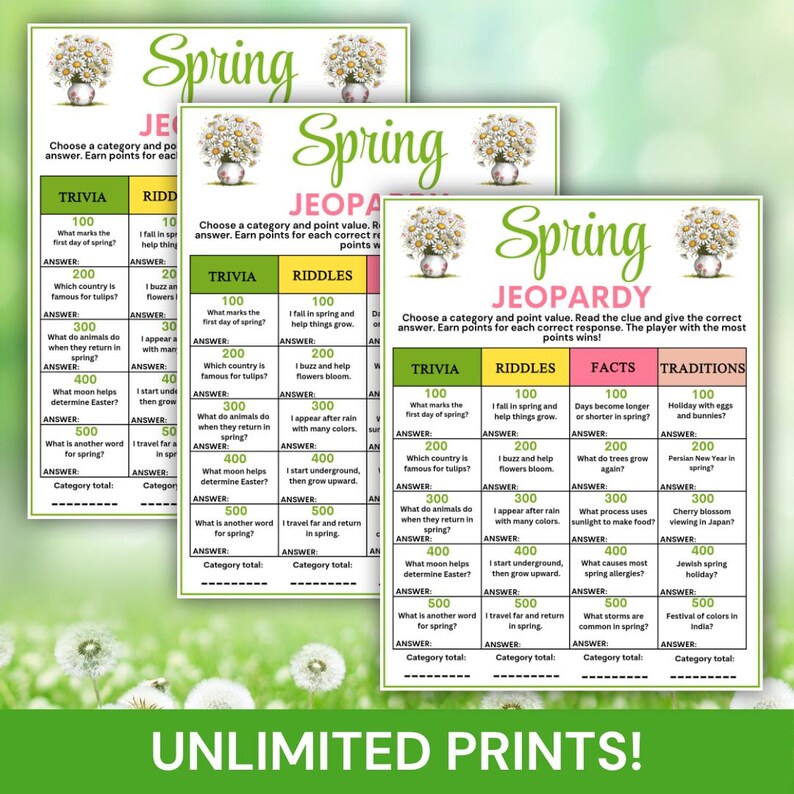 Spring Jeopardy Game Printable, Spring Trivia Game, Spring Quiz Game ...