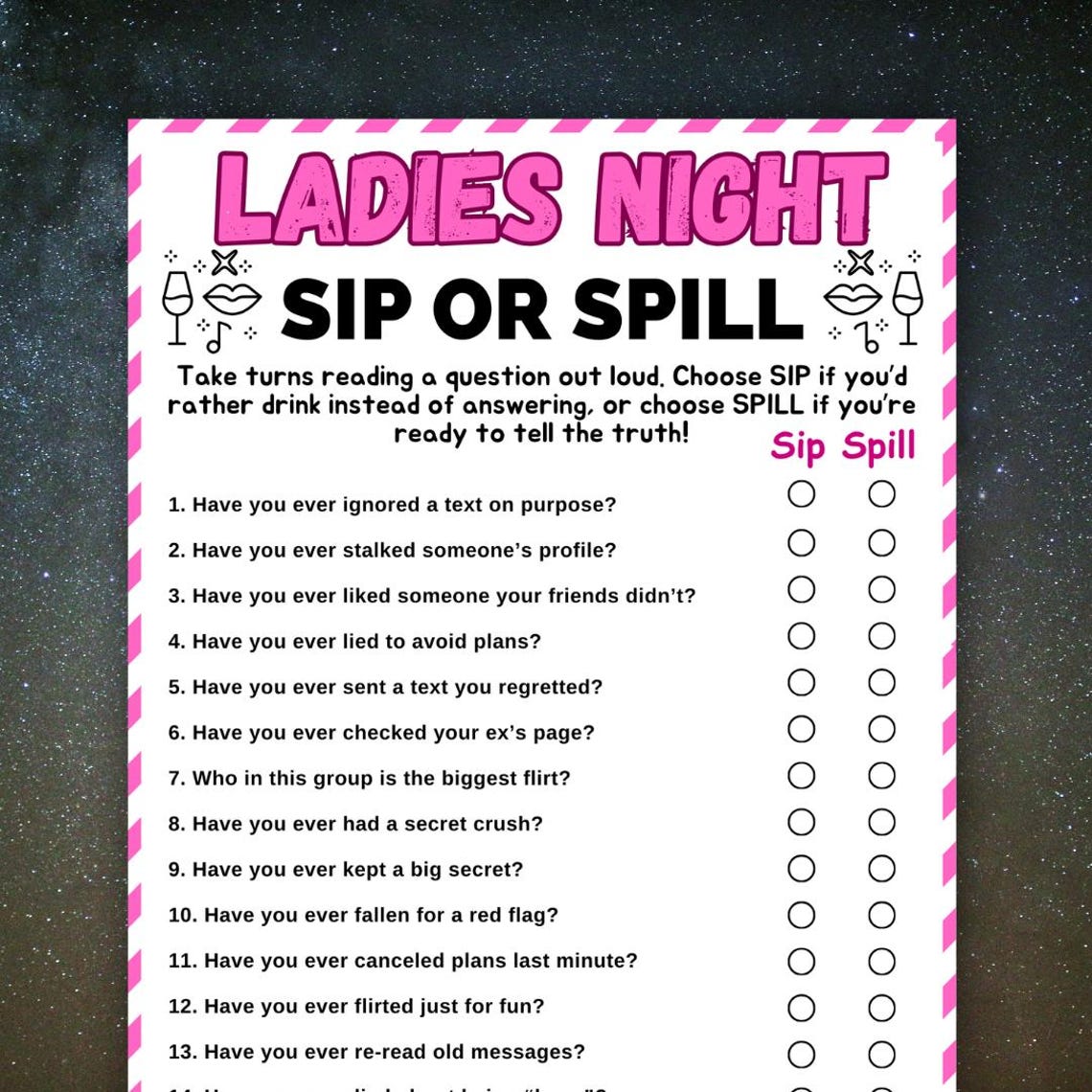 Ladies Night Sip or Spill Game Printable, Girls Night Drinking Game ...