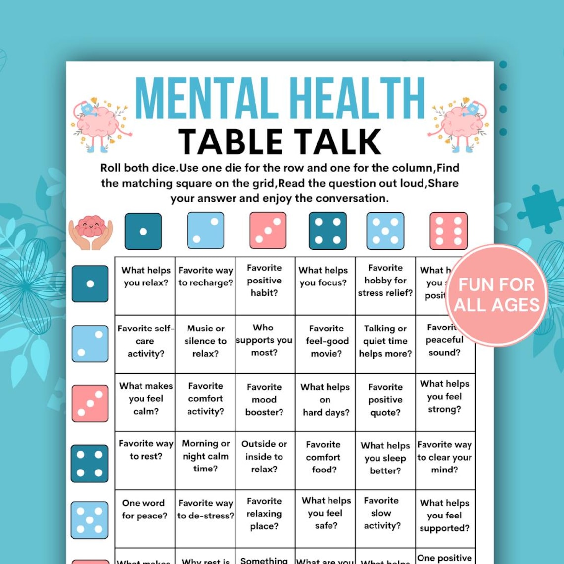 Mental Health Talk Dice Game Printable, Mental Health Group Activity ...