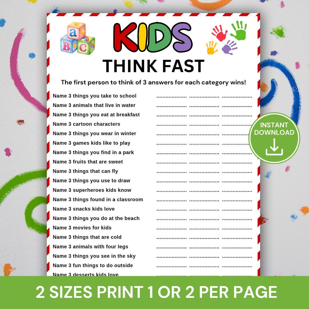 Think Fast Worksheet.pdf Kids Think Fast Game Printable, Fun Think Quick Game for Kids, Kids ...