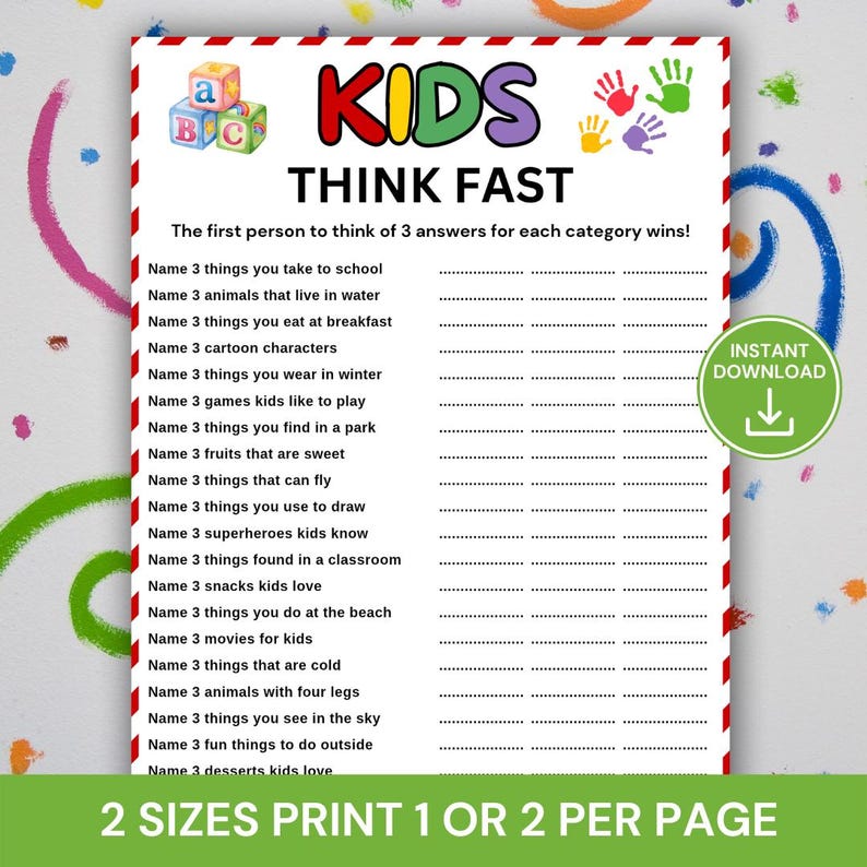 Kids Think Fast Game Printable, Fun Think Quick Game for Kids, Kids ...
