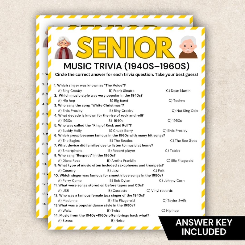 May include: Two sheets of "Senior Music Trivia (1940s-1960s)" game sheets. The yellow and white sheets have trivia questions about music from the 1940s-1960s, with an answer key included. The top of the sheet has the word "Senior" in yellow.