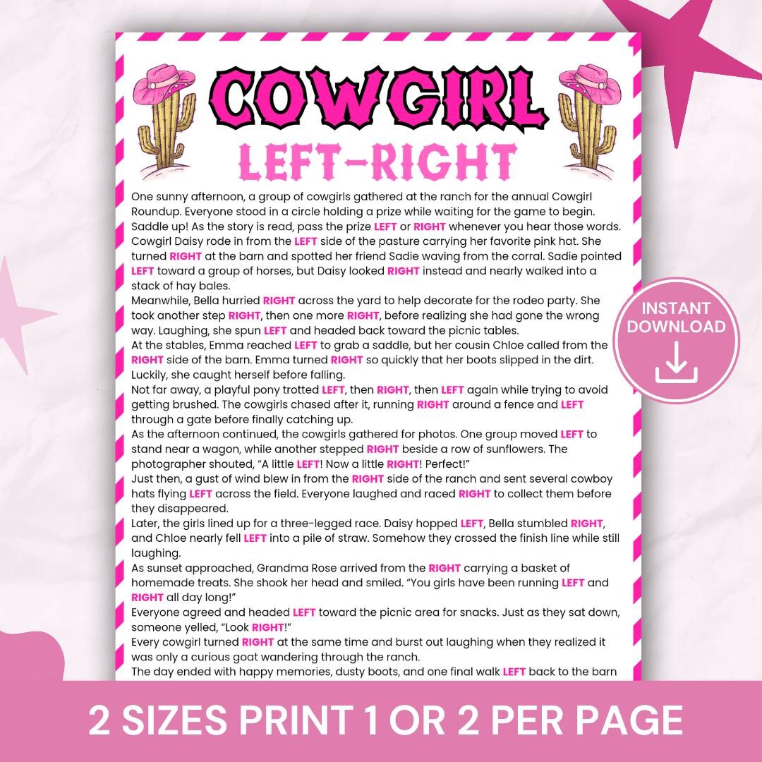 Cowgirl Left Right Game Printable, Western Party Game, Cowgirl Birthday ...