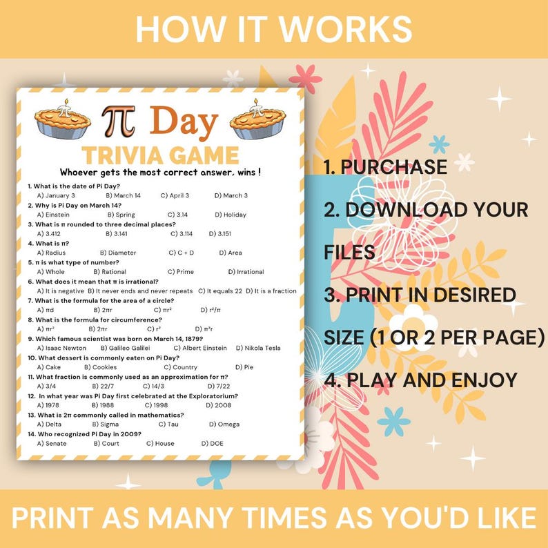 Pi Day Trivia Game Printable, Math Classroom Pi Day Quiz, March 14 ...