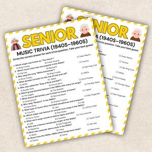 May include: Two yellow trivia game sheets with the title "Senior Music Trivia (1940s-1960s)" and multiple-choice questions about music from the 1940s and 1960s. The sheets have a decorative border and a cartoon of an elderly person.