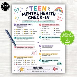 Op de afbeelding: Een printbaar werkblad voor een Teen Mental Health Check-In met kleurrijke illustraties van hartjes, sterren en een regenboog. Het document bevat negen genummerde secties met reflectievragen, selectievakjes voor activiteiten en een zwarte vulpen.