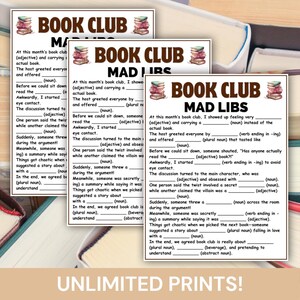 May include: Three Mad Libs game sheets with the title "Book Club Mad Libs" are displayed. Each sheet has fill-in-the-blank story prompts. The background is a light beige color. The text "Unlimited Prints!" is at the bottom.