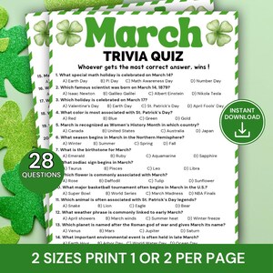 May include: A trivia quiz sheet in green and white, themed around March. The quiz features 28 questions on topics like St. Patrick's Day and Women's History Month. Includes an instant download button.