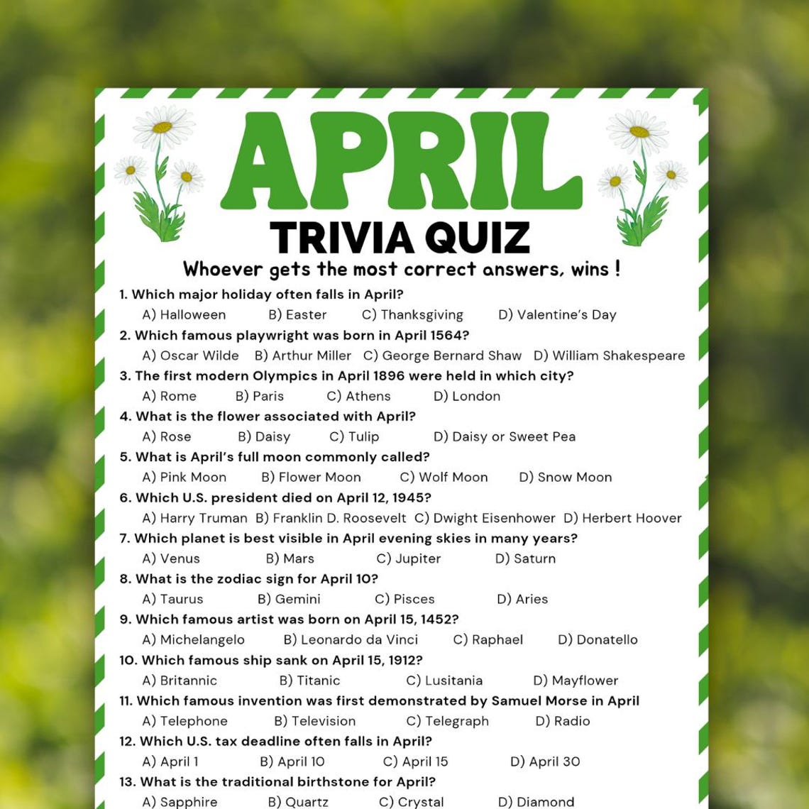 April Trivia Game Printable, Spring Trivia Quiz Game, Easter Party Game ...