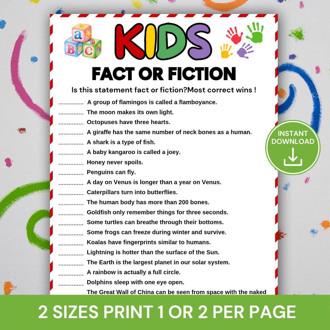 Kids Fact or Fiction Game, Kids Trivia Quiz, Educational True or False Activity, Fun Learning Game for Children, Classroom Party Game