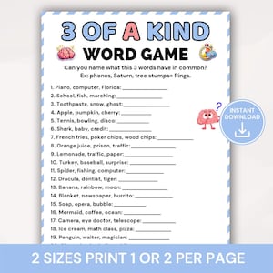 May include: A printable 3 OF A KIND WORD GAME sheet featuring a list of nineteen numbered word puzzles with blank lines for answers, decorated with brain and timer icons, and a blue circular badge labeled INSTANT DOWNLOAD on the right side.