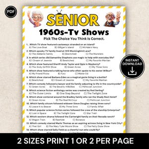 Puede incluir: Un juego PDF imprimible titulado "SENIOR 1960s-TV Shows". El juego presenta preguntas de opción múltiple sobre programas de televisión populares de la década de 1960. Incluye un botón de "Descarga instantánea" e instrucciones para imprimir 1 o 2 páginas.