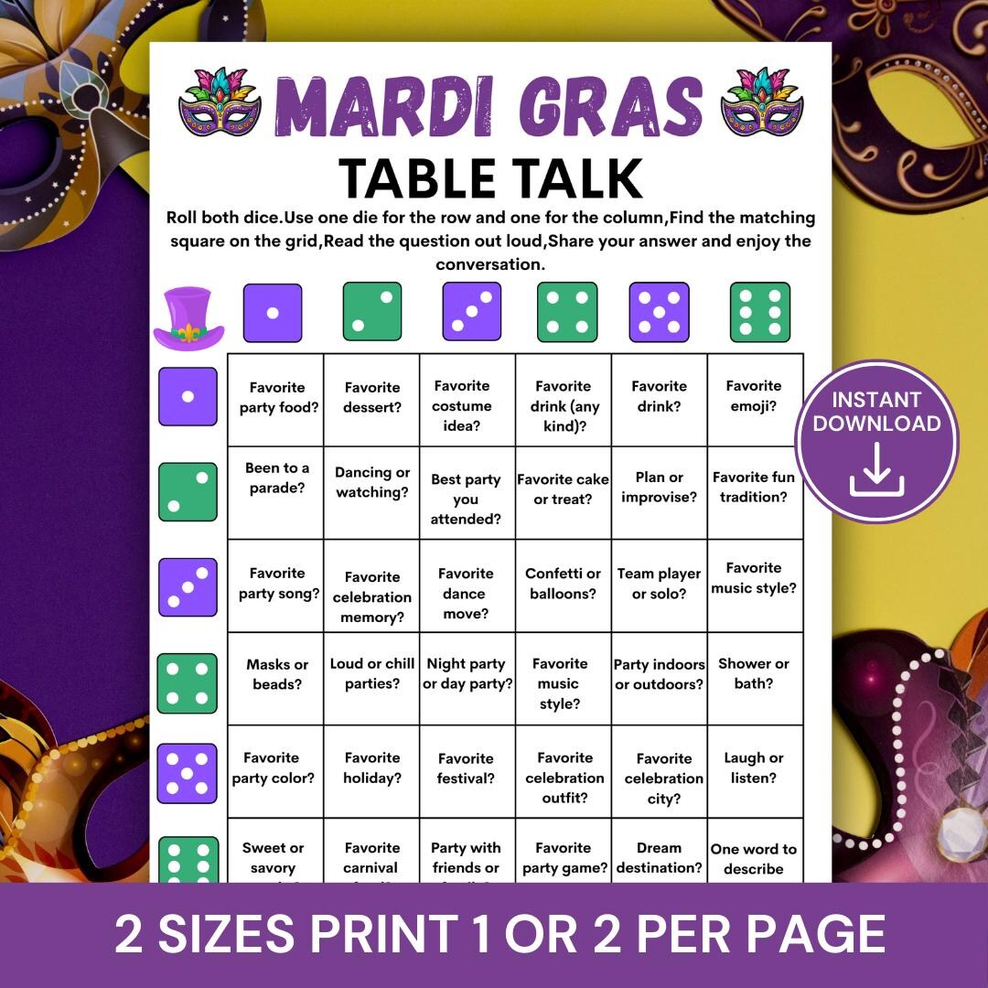 Mardi Gras Table Talk Game, Fun Printable Mardi Gras Game for Kids ...