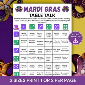 Może przedstawiać: Gra planszowa Mardi Gras Table Talk z fioletowo-złotym motywem. Gra zawiera siatkę pytań i kości do interaktywnej gry. Widoczny jest tekst "Natychmiastowe pobieranie" wraz z opcjami drukowania.
