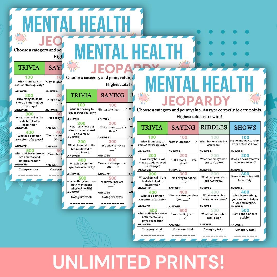 Mental Health Jeopardy Game Printable, Wellness Trivia Game, Therapy Group Activity, Classroom ...