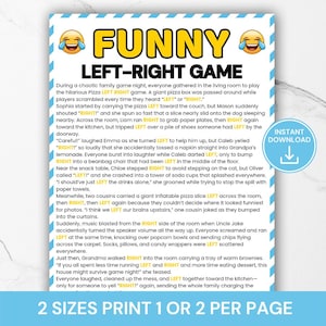 Pode incluir: Uma folha de jogo imprimível intitulada FUNNY LEFT-RIGHT GAME com emojis a rir, apresentando uma história onde as palavras LEFT e RIGHT estão destacadas a amarelo. Um círculo azul com o texto INSTANT DOWNLOAD é visível.