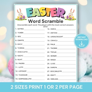 Op de afbeelding: Paas-woordzoeker met kleurrijke tekst en konijnenillustraties. Het spel bevat een lijst met door elkaar gehusselde woorden om te ontrafelen, met de tekst "Direct downloaden" en "2 maten Print 1 of 2 per pagina".