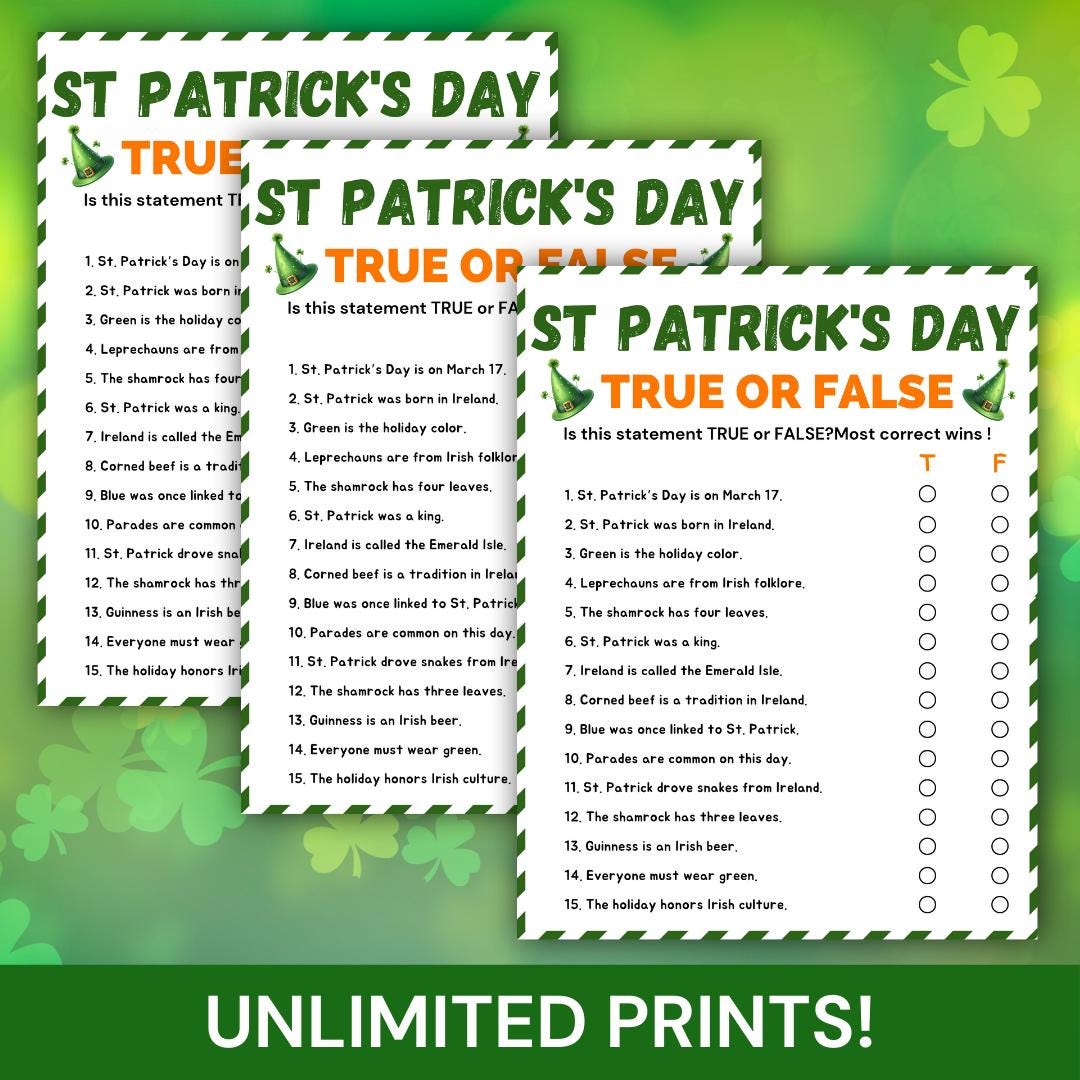 St. Patrick’s Day True or False Game, Printable Irish Trivia Quiz, St ...