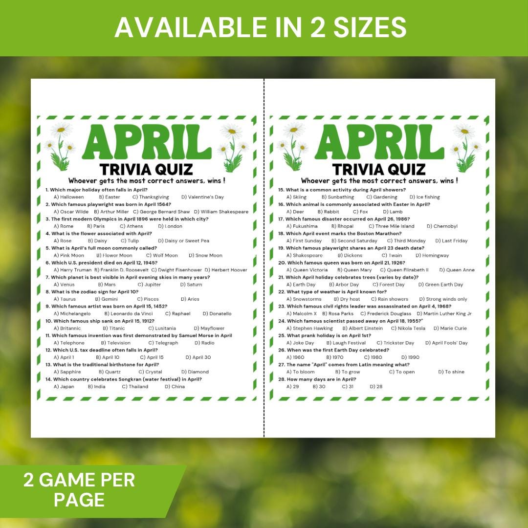 April Trivia Game Printable, Spring Trivia Quiz Game, Easter Party Game ...